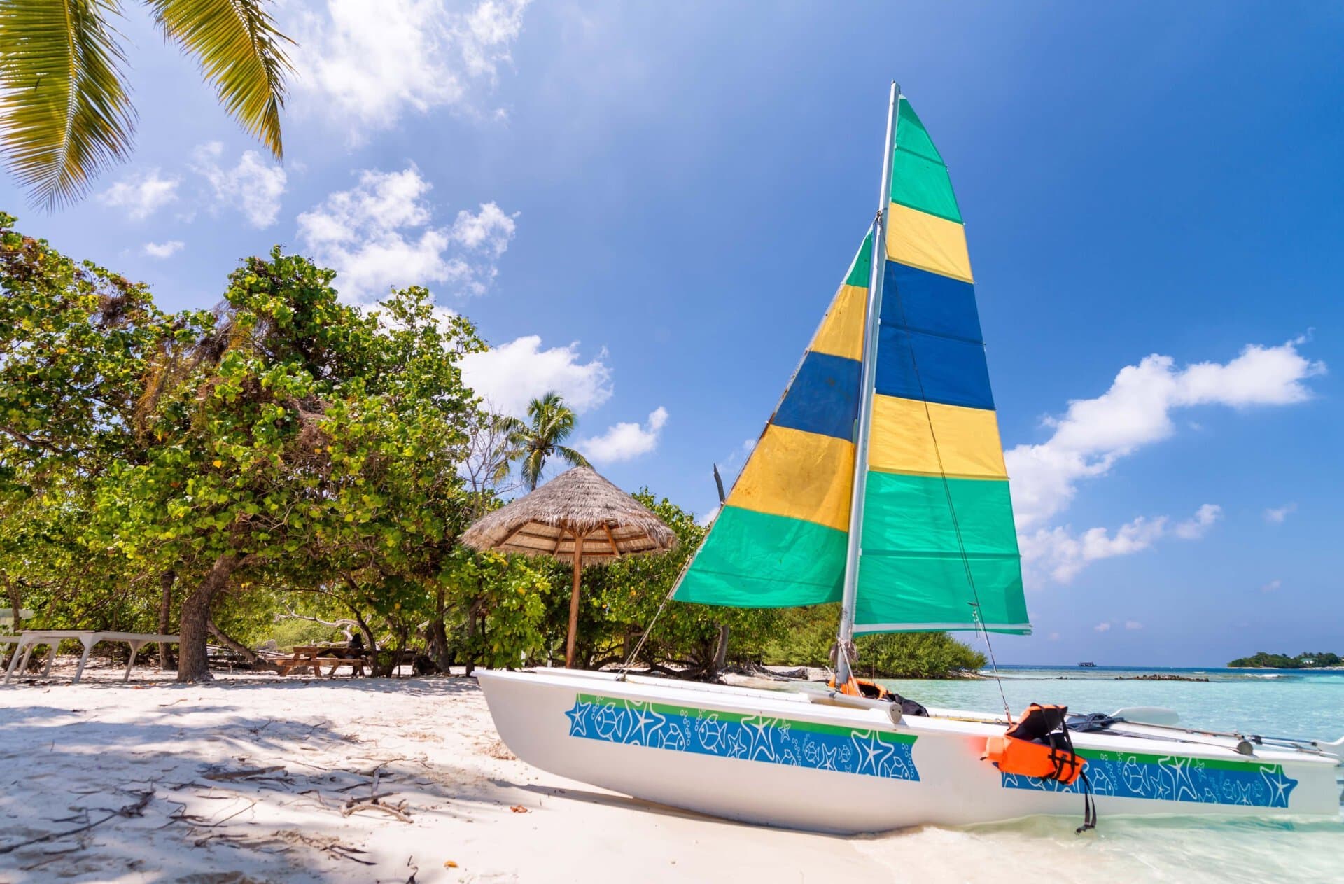 Beautiful Catamaran On A Tropical Beach.
